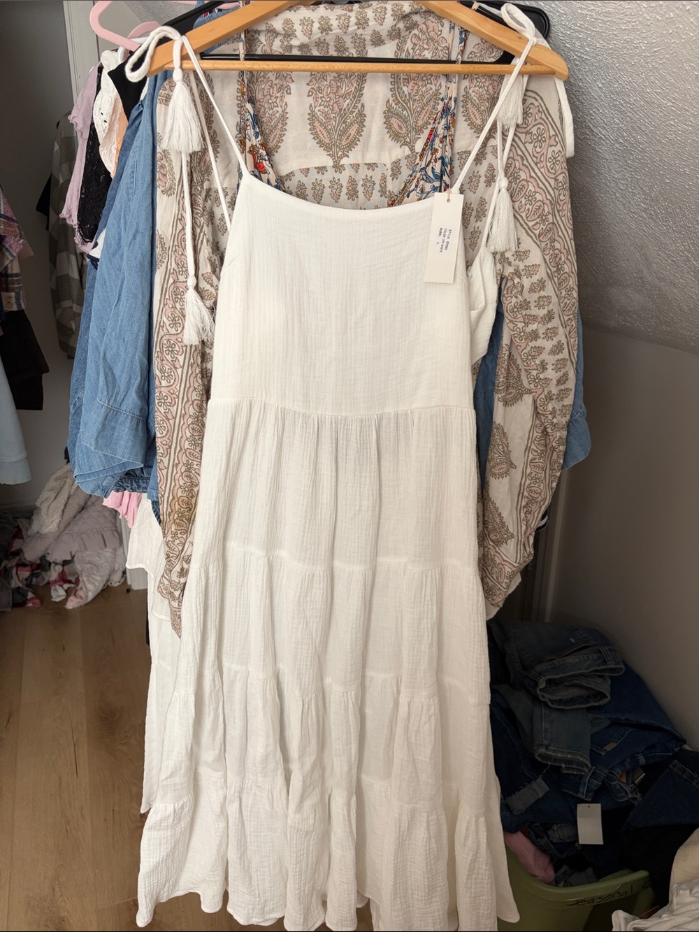 Women’s White Cotton Tiered Maxi Dress with Tie Straps